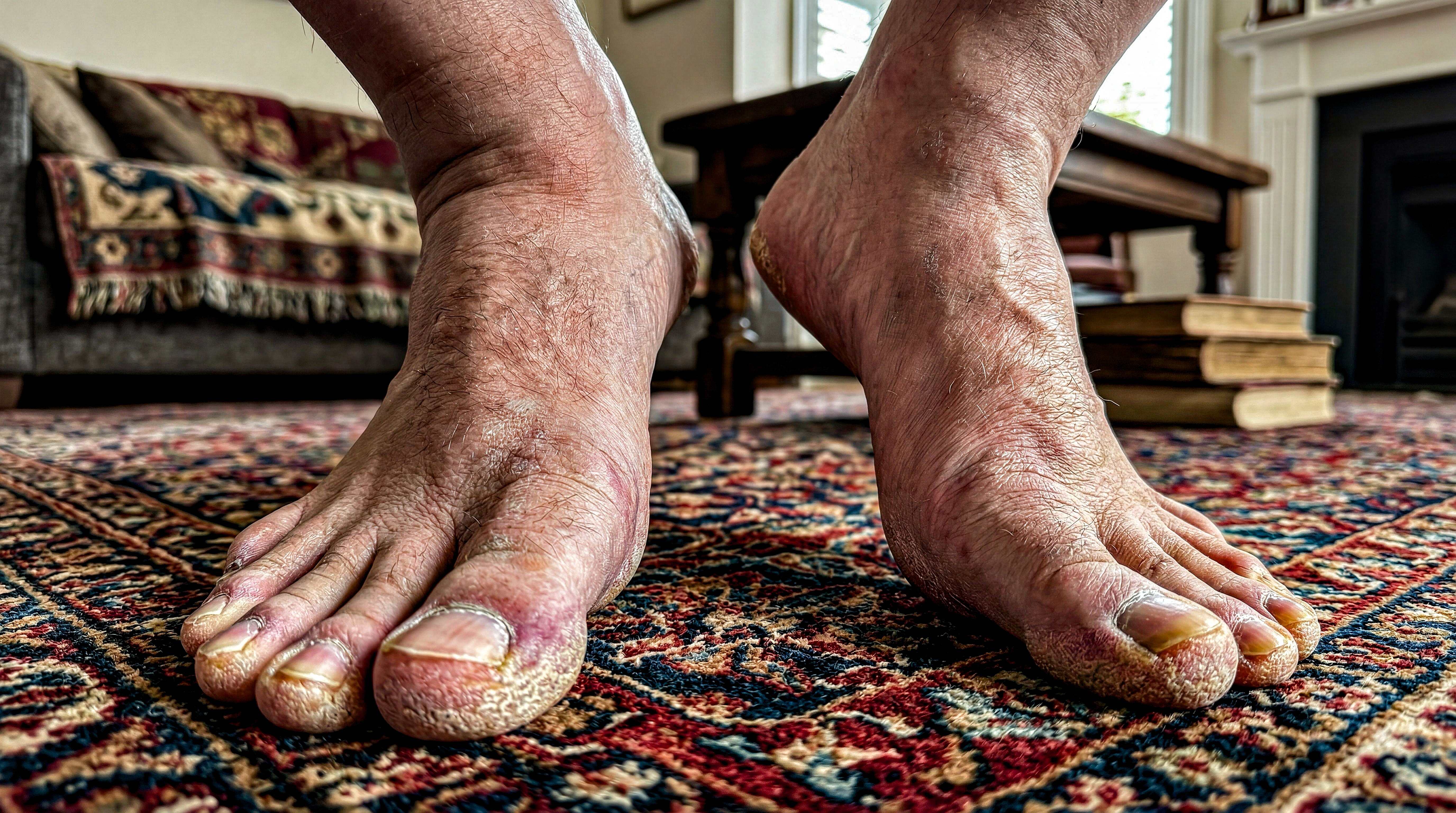 Feet long toes flat dry skin