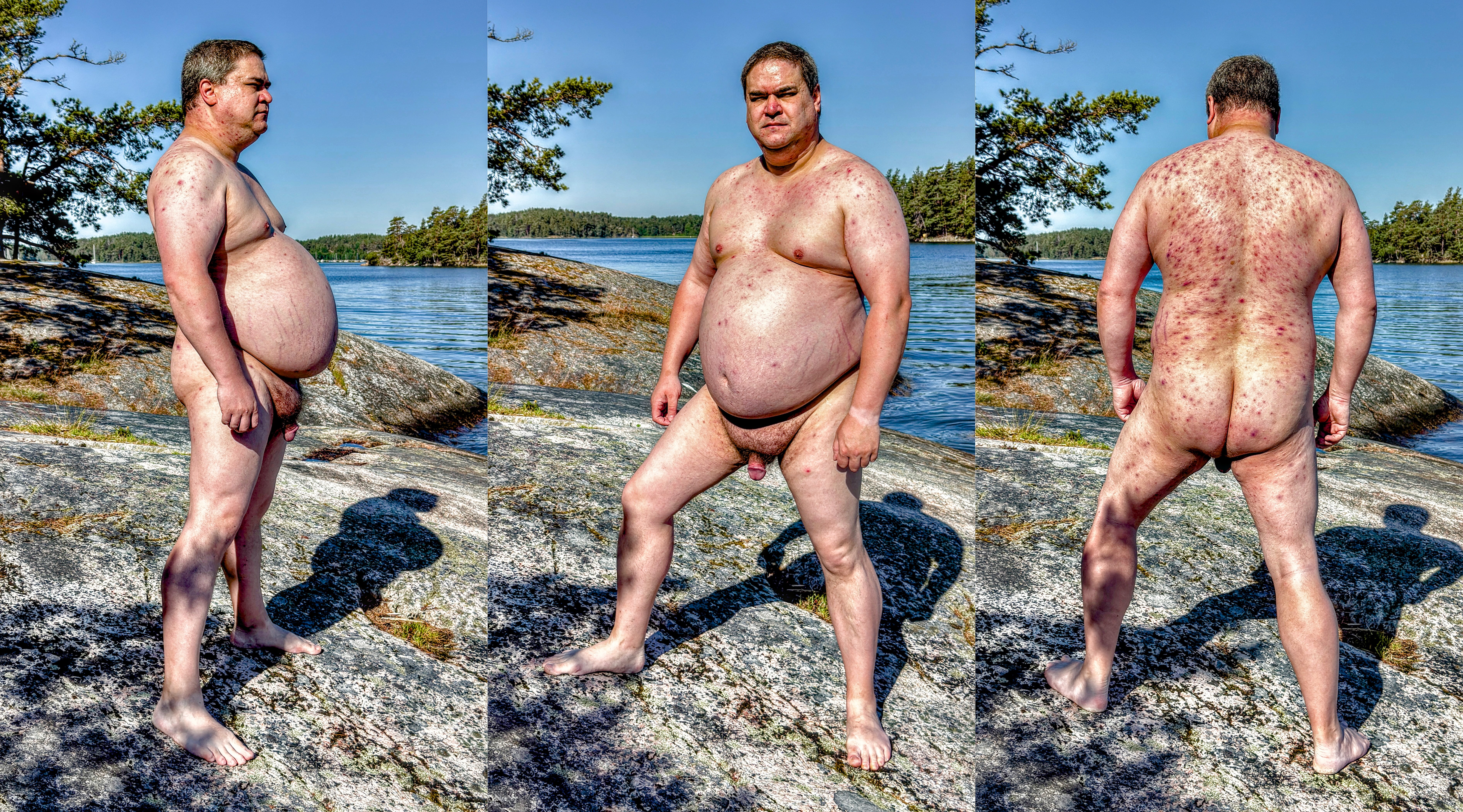 Naked body portraits outdoors by rocks and water