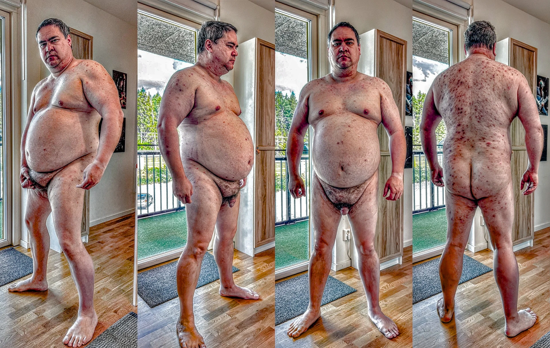Naked body portraits indoors by the balcony door