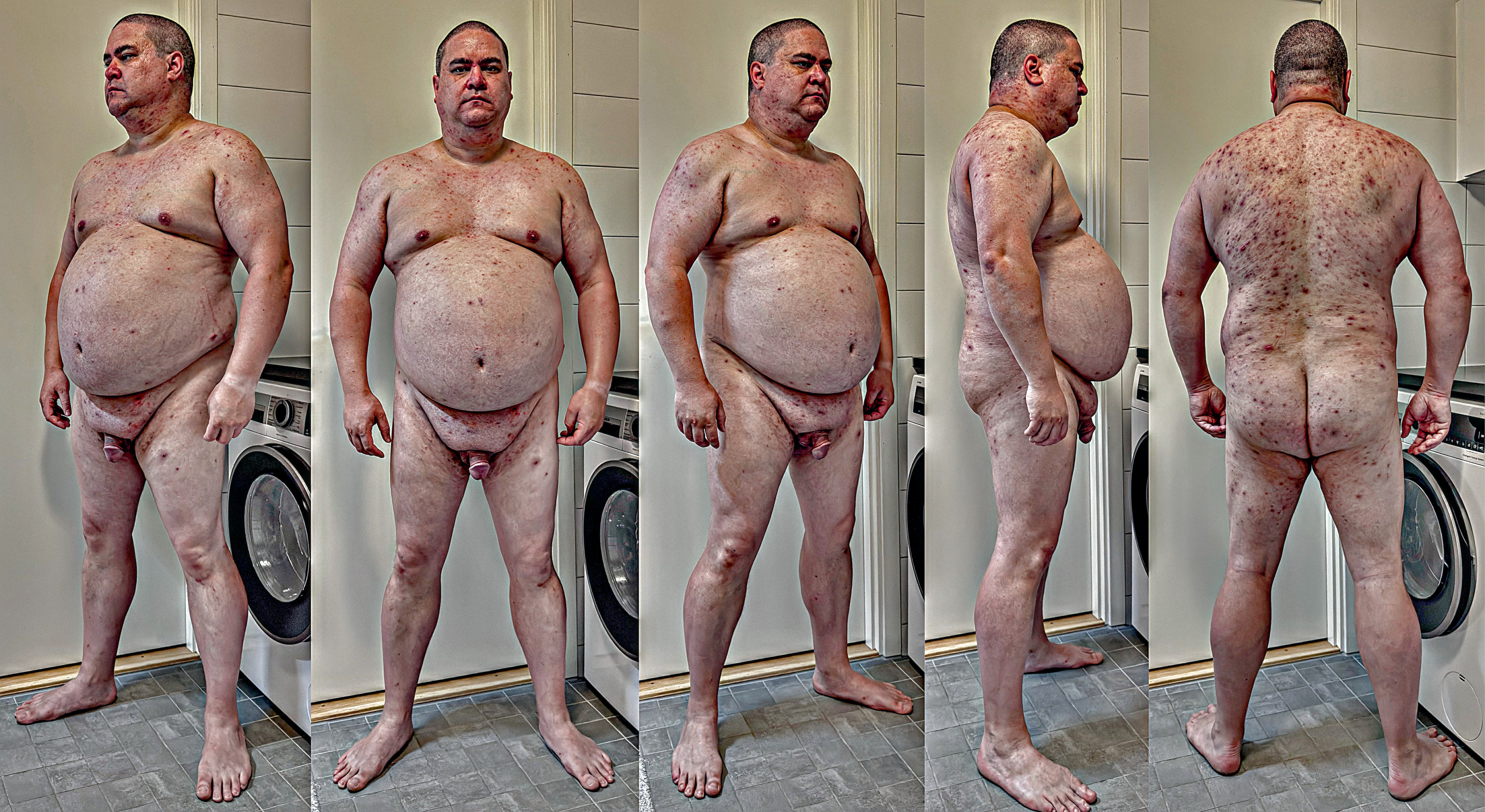 Naked body portraits in a bathroom with a washing machine